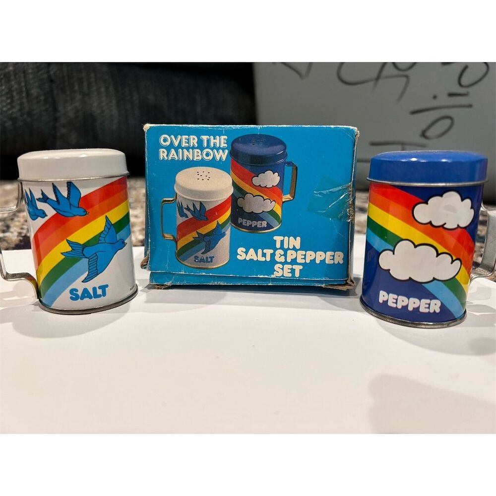 Vintage Giftco Rainbow Tin Salt & Pepper Shaker Set Birds & Clouds 1980s